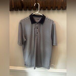 Performance polo, navy and white striped, medium